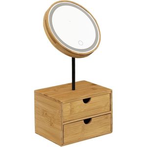 Make-up organizer/opberger met spiegel en verlichting bamboe 45 x 15 x 20 cm - Make-up ladekastje