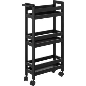 Keuken of badkamer trolley 3-laags - zwart - D15 x B40 x H75 cm - mdf hout - met wielen - Opberg trolley