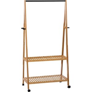 5Five Kledingrek met planken en hangstang - op wielen - bamboe hout - lichtbruin - B80 x D43 x H163 cm