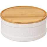 5Five koektrommel/voorraadblik Biscuits - keramiek - met bamboe deksel - wit/beige - 23 x 10 cm