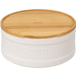 5Five koektrommel/voorraadblik Biscuits - keramiek - met bamboe deksel - wit/beige - 23 x 10 cm