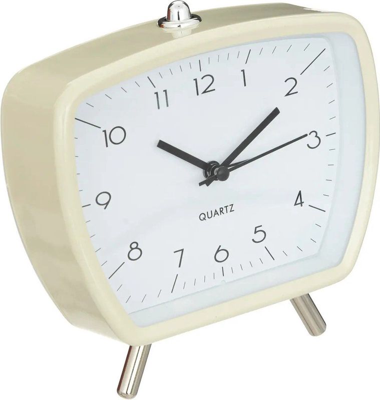 Atmosphera Wekker/alarmklok Malaga - creme wit - metaal/glas - 14 x 14 cm - op pootjes - batterij voeding