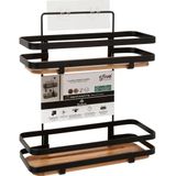 5Five Badkamer douche rekje organizer - zwart metaal/acacia hout - zuignappen - 25 x 15 x 30 cm