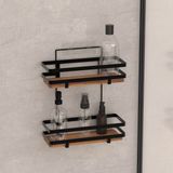 5Five Badkamer douche rekje organizer - zwart metaal/acacia hout - zuignappen - 25 x 15 x 30 cm