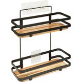 5Five Badkamer douche rekje organizer - zwart metaal/acacia hout - zuignappen - 25 x 15 x 30 cm