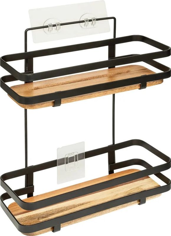 5Five Badkamer douche rekje organizer - zwart metaal/acacia hout - zuignappen - 25 x 15 x 30 cm