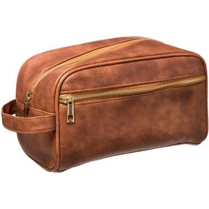 Reis toilettas/etui/opberg tasje voor heren leder look cognac 25 x 13 x 14 cm - Reis/vakantie toilettassen/etui met rits