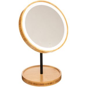 Make-up spiegel met LED verlichting bamboe 19 x 31 cm - Badkamer spiegels met licht