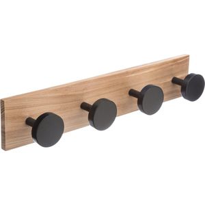 Kapstok rek voor wand/muur - lichtbruin/zwart - 4 ophanghaken/knoppen - MDF/ijzer - 40 x 8 cm - Kapstokken