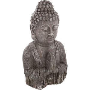 Atmosphera Boeddha hoofd beeld biddend - binnen/buiten - kunststeen - oud hout look - 50 cm