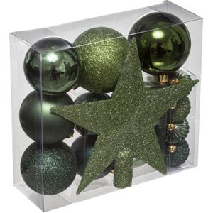 Feeric Christmas Kerstballen - 17x st - incl. ster piek - khaki groen - 6-7-8 cm - kunststof - kerstversiering