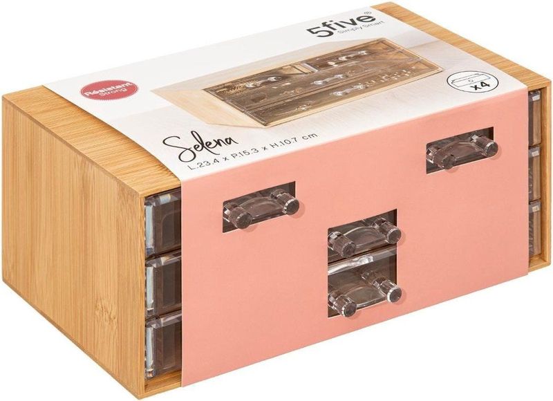 5Five sieraden/make-up organizer - 4 lades - 24 x 11 cm - rechthoek - bamboe/kunststof - opbergen