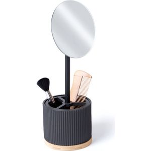 Make-up organizer/opberger met spiegel 14 x 14 x 35 cm zwart - Make-up houder met ronde spiegel