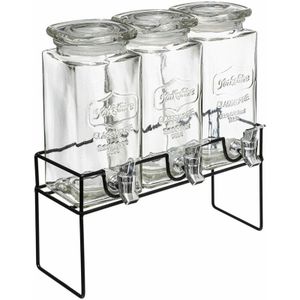 Set van 3x stuks glazen drank dispensers 1,5 liter in houder met metalen kraantje - Sapdispenser - Drankdispenser