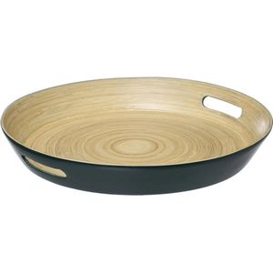 Dienblad/serveerblad rond D42 cm bamboe petrol blauw met handvaten - Serveerbladen, dienbladen & keukenbenodigdheden