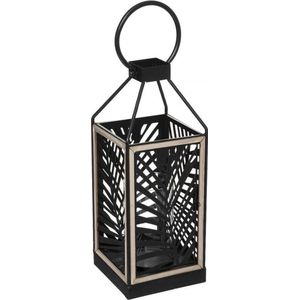 Lantaarn - windlicht - zwart - hout - 38cm - inclusief binnenglas