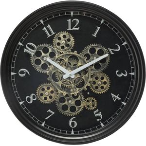 WANDKLOK METAAL MET DRAAIENDE TANDWIELEN  - ZWART - DIAMETER 37 CM