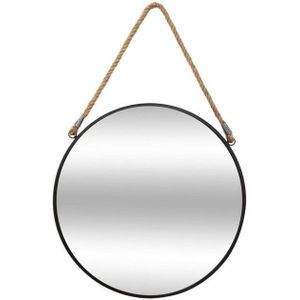 Atmosphera Wandspiegel - rond - D38 cm - metaal - zwart - spiegel met touw