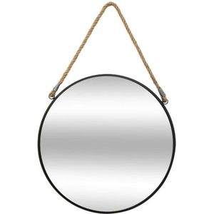 Atmosphera Spiegel/wandspiegel - rond - Dia 55 cm - metaal/glas - zwart - met ophangtouw - Spiegels