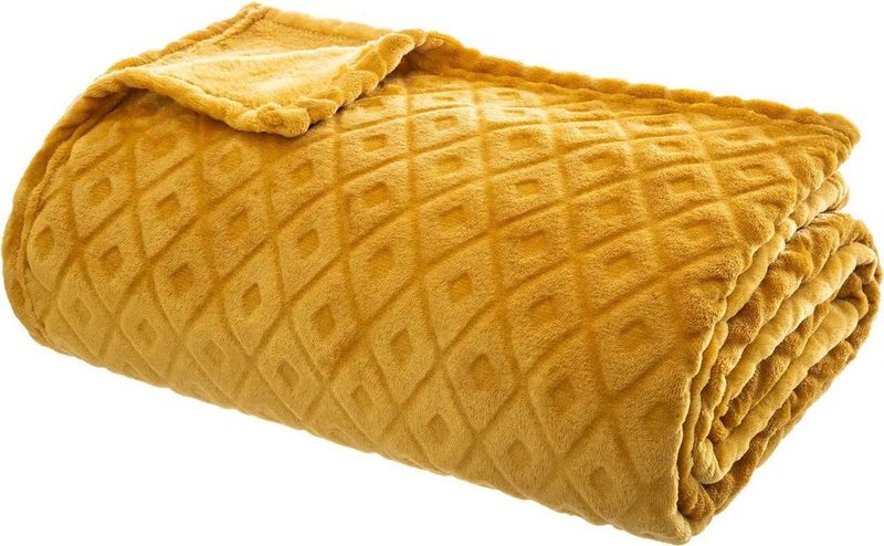 Atmosphera Plaid/bankdeken Monnet - okergeel - 180 x 230 cm - polyester fleece - ruitmotief - bedsprei