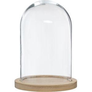 Atmosphera Home decoratie glazen stolp op houten plateau - glas/lichtbruin - D15 x H24 cm - Woonaccessoires