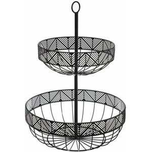 Dubbele etagere fruitschaal/fruitmand rond zwart metaal 30 x 42 cm - Fruitschalen/fruitmanden - Draadmand van metaal