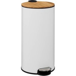 5Five prullenbak/pedaalemmer Bamboe - wit - metaal - 30 liter - 38 x 29 x 60 cm - keuken
