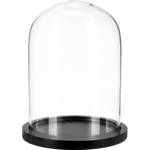 Atmosphera Home decoratie glazen stolp op houten plateau - glas/zwart - D23 x H29 cm - Woonaccessoires