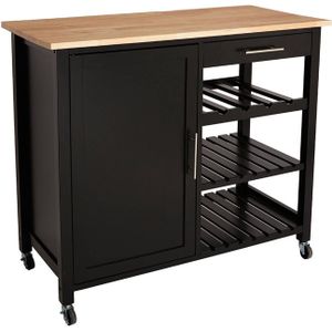 Keukentrolley - Zwart - MDF - Met Wijnfleshouder en Opberglade