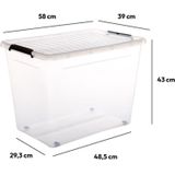 5Five - Clip Box - Opbergkist - Transparant - 80 Liter - Kunststof met Deksel en Wielen