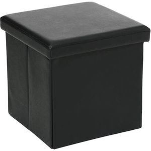 Atmosphera Poef/Hocker/voetenbankje - opbergbox - zwart - pvc/mdf - 38 x 38 cm - opvouwbaar