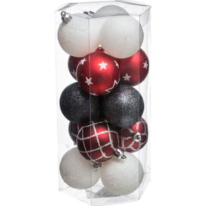 Feeric Christmas Kerstballen - 15x st - wit/rood/zwart - D5 cm - kunststof - gedecoreerd