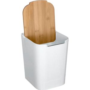 5Five prullenbak/vuilnisbak - 5 liter - bamboe - wit/lichtbruin - 24 x 19 cm - badkamer afvalbak