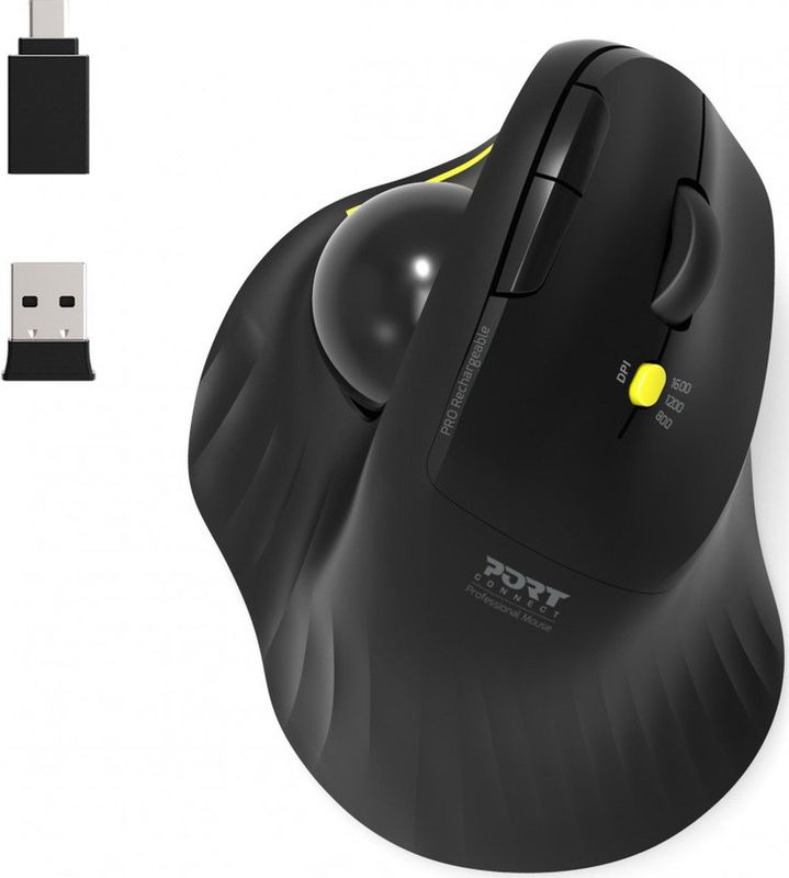 Port Connect - Ergonomische Draadloze Muis - Trackball - Oplaadbaar - 1600 DPI - Inclusief Oplaadkabel - Zwart