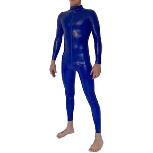 Handgemaakte aanpassen blauwe latex catsuit voor heren Rubber Zentai Fetish bodysuits met drieweg kruisrits aan de voorkant