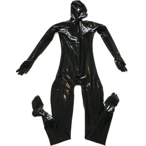 Sexy Zwarte Full Body Catsuit Bevestig Kap Handschoenen Tenen Sokken met Mesh Ogen Penis Condoom Borst Zip