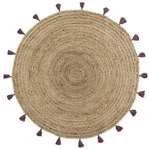 Douceur d'Intérieur, Tapijt, rond, diameter 120 cm, jute, effen en pompons, Shira, Bourgondië