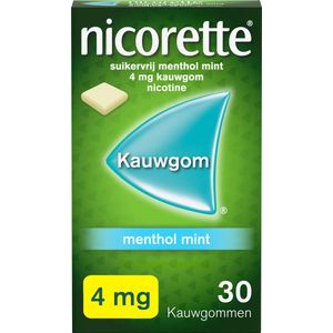 Nicorette Suikervrije Kauwgom Menthol Mint - 4 mg nicotinekauwgom - nicotinevervanger - stoppen met roken - 1 x 30 stuks