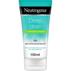 Neutrogena® Deep Clean 2in1 reiniging en gezichtsmasker, verfrissende gezichtsreiniging en kleimasker met glycolzuur en klei, geschikt voor alle huidtypen, 1 x 150 ml