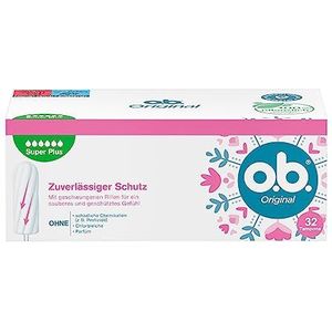 o.b. Originele Super Plus (32 stuks), tampons voor zeer sterke dagen, StayDry-technologie en gebogen groeven, betrouwbare bescherming en een schoon gevoel tijdens de menstruatie