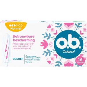 o.b.® Original Normal tampons voor de gemiddelde tot zware menstruatiedagen, met StayDry-technologie en gebogen groeven, voor betrouwbare bescherming en een schoon gevoel, 16 stuks