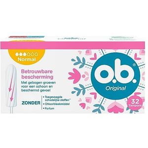 o.b.® Original Normal tampons voor de gemiddelde tot zware menstruatiedagen, met StayDry-technologie en gebogen groeven, voor betrouwbare bescherming en een schoon gevoel, 1 x 32 stuks