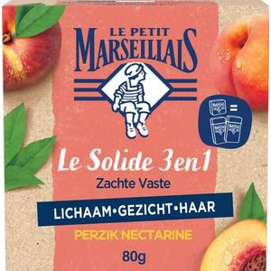 Le Petit Marseillais heeft haar beste natuurlijke ingrediënten samengebracht in de Solide 3-in-1 Bio Perzik & Nectarine hydraterende shower en shampoo bar