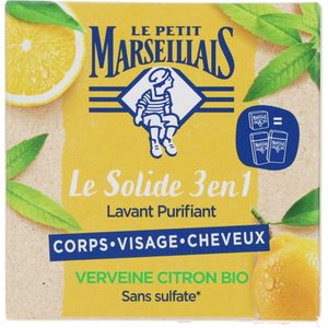 Le Petit Marseillais Solide 3-in-1 natuurlijke Bio Citroen Ijzerkruid shower & shampoo bar voor gezicht, biologische en verfrissende bar zonder zeep,pH-neutraal met delicate geur, 1 x 80 gram