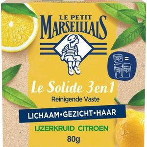Le Petit Marseillais Solide 3-in-1 natuurlijke Bio Citroen Ijzerkruid shower & shampoo bar voor gezicht, biologische en verfrissende bar zonder zeep,pH-neutraal met delicate geur, 1 x 80 gram