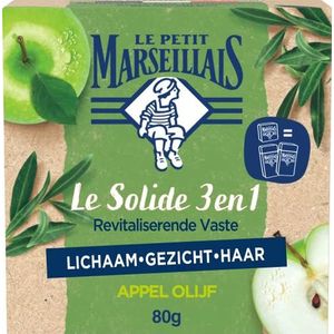 Le Petit Marseillais heeft haar beste natuurlijke ingrediënten samengebracht in de Solide 3-in-1 bio Appel & olijf revitaliserened shower en shampoo bar.