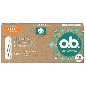 o.b. Organic Super (16 stuks), biologische tampons voor sterke dagen van 100% biologisch katoen met gebogen groeven voor betrouwbare en natuurlijke bescherming
