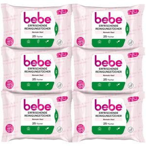 bebe Verfrissende reinigingsdoekjes (6 x 25 doekjes) met rozenwater van natuurlijke oorsprong, make-updoekjes van vezels, 100% plantaardige oorsprong, voor de normale huid