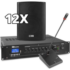 Power Dynamics complete 100V muziekinstallatie / omroepinstallatie met 12 speakers, 120W Bluetooth versterker en kabels - Compleet pakket!