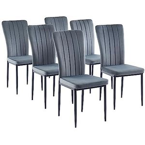 BAÏTA - Set van 6 stoelen Poppy velours, grijs, metalen poten, zwart